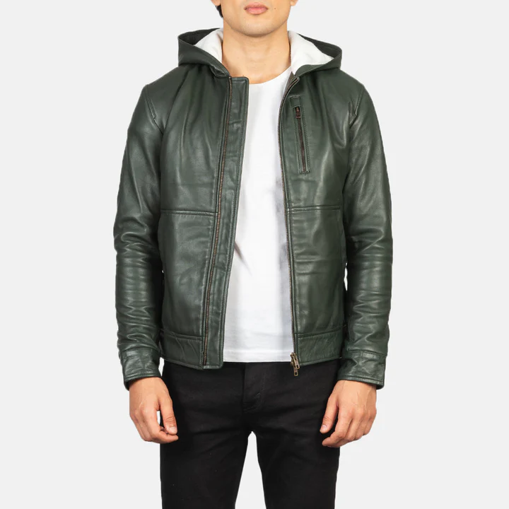 Men_s_Baston_Green_Hooded_Leather_Bomber_Jacket_Open_Front_IBI_Leather