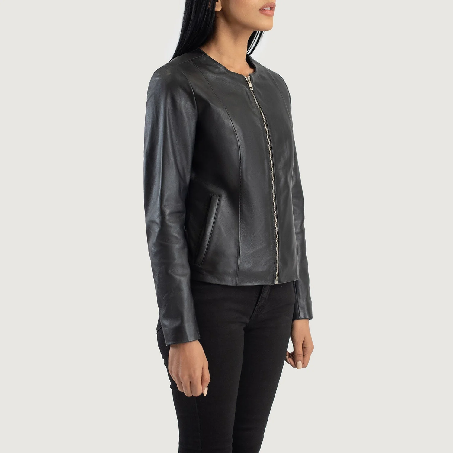 Women_s_Elixir_Black_Collarless_Leather_Jacket_Side_IBI_leather_1