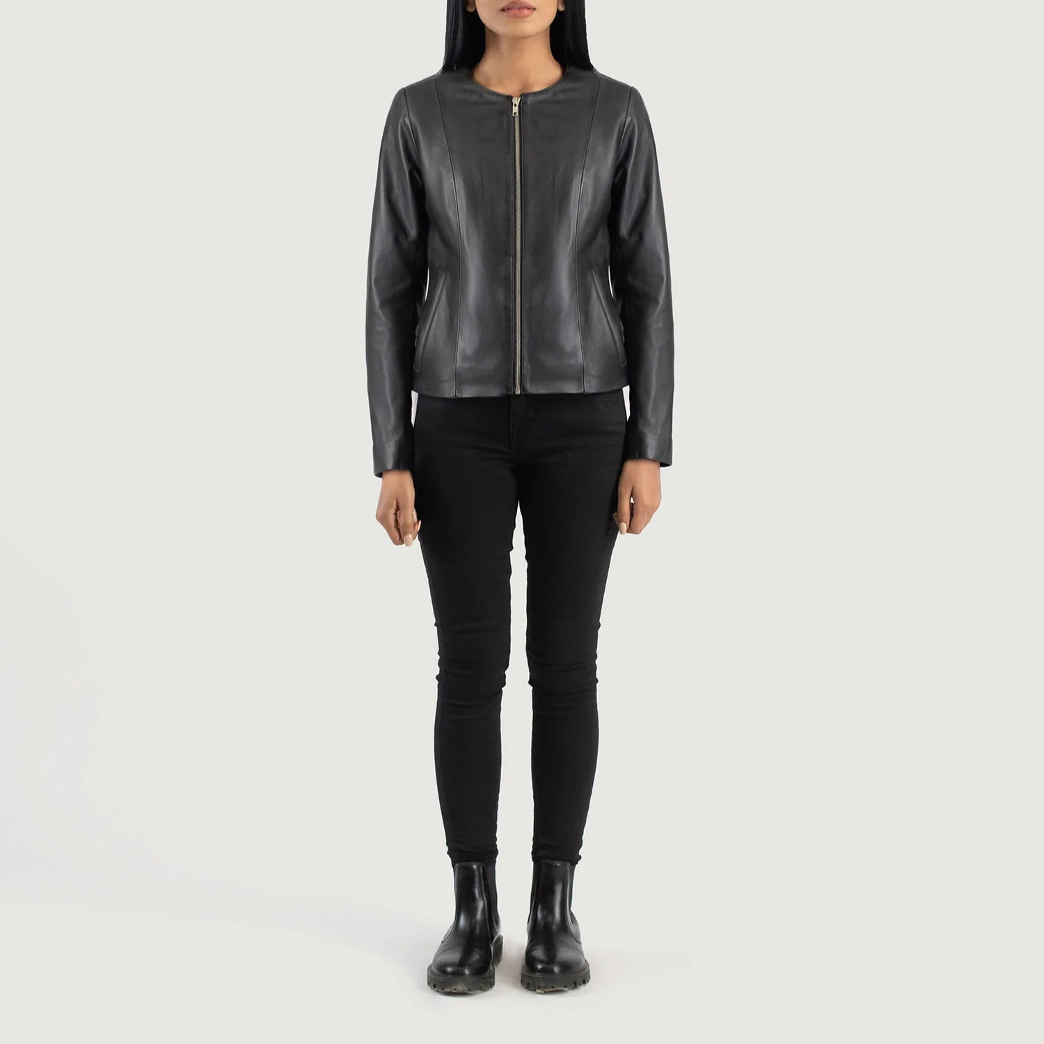 Women_s_Elixir_Black_Collarless_Leather_Jacket_Side_IBI_leather_2