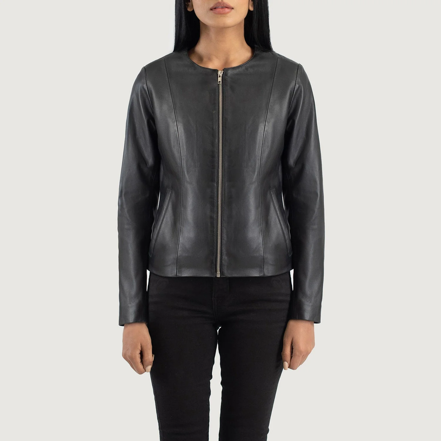 Women_s_Elixir_Black_Collarless_Leather_Jacket_Side_IBI_leather_3