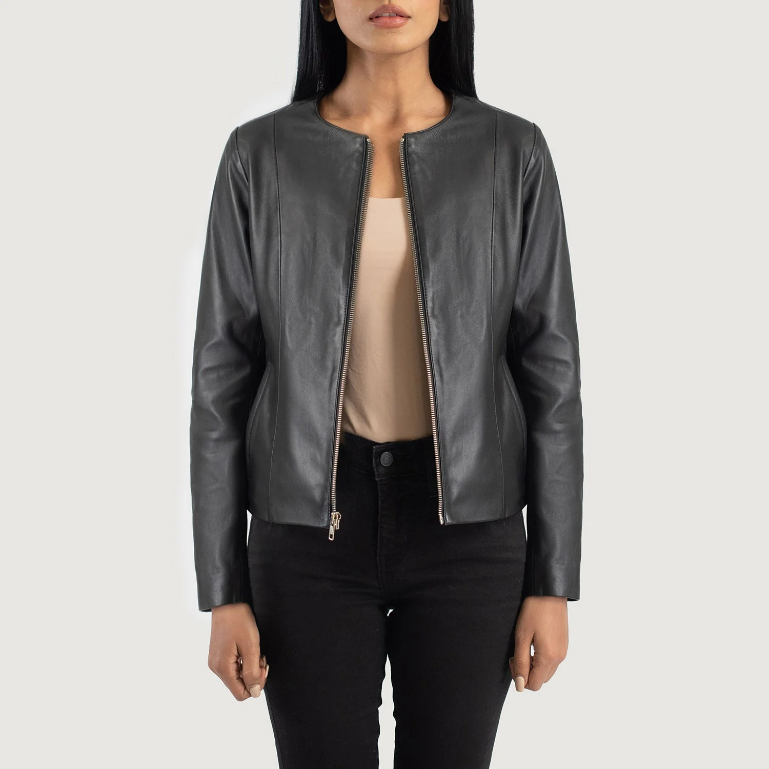 Women_s_Elixir_Black_Collarless_Leather_Jacket_Side_IBI_leather_6 Women_s_Elixir_Black_Collarless_Leather_Jacket_Side_IBI_leather_5 Women's Casual Jacket,womens winter jackets,black bomber jacket women puffer jackets women,women's winter jacket,leather biker jacket women