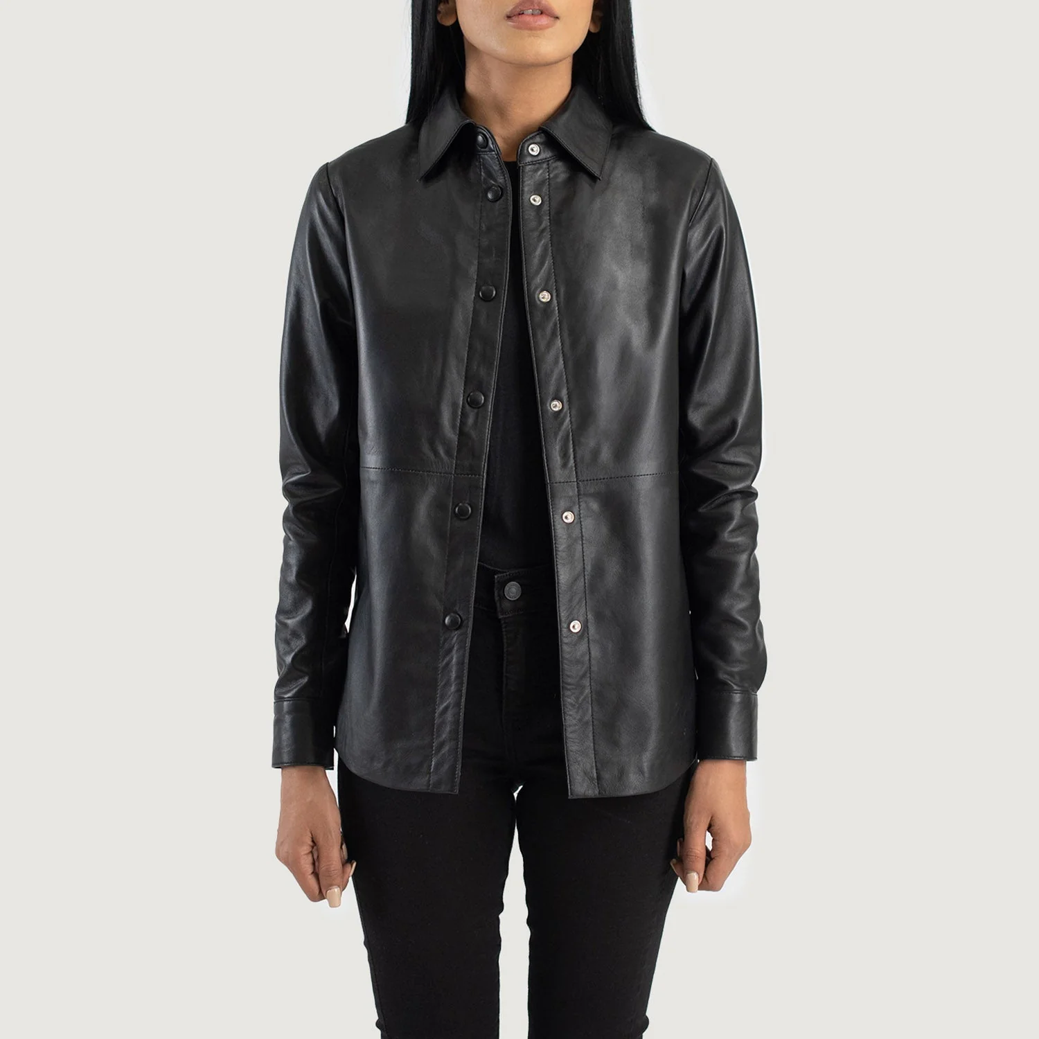 Women_s_Zenith_Black_Leather_Shirt_Jacket_Open_IBI_Leather_1