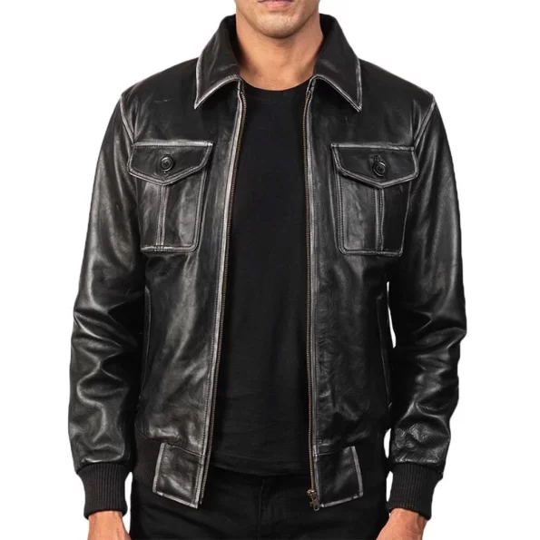 Classic Black Vintage Leather Bomber Jacket for Men