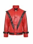 Men's Red Thriller Style Leather Jacket with Black V Design Front View