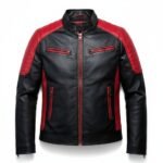 Men's black and red leather biker jacket with quilted shoulders and front zipper