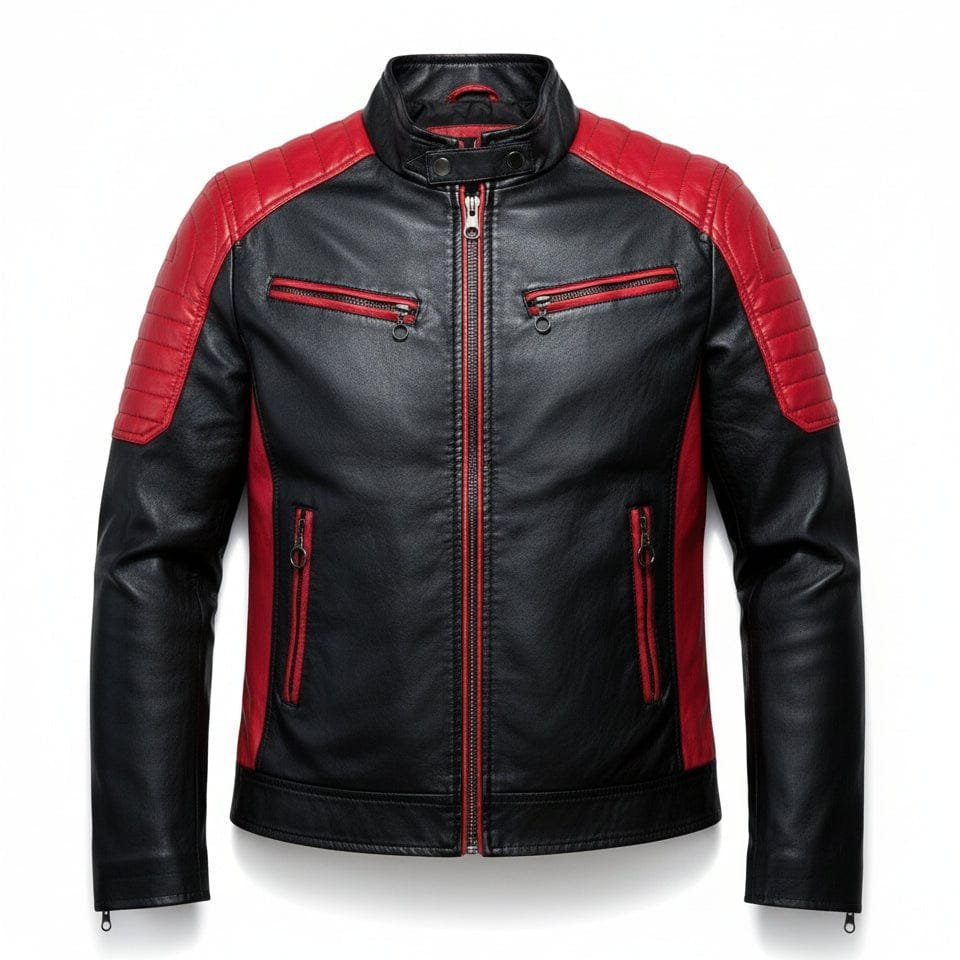 13b9e9dd-76ea-41a2-92ea-20b16d179d04 Men's black and red leather biker jacket with quilted shoulders and front zipper