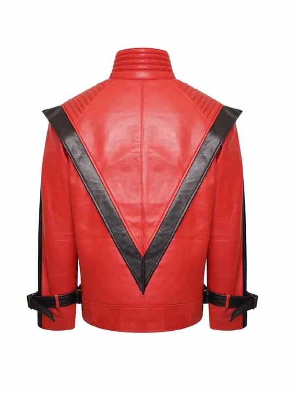 2 Iconic red leather jacket with black V detailing, quilted shoulders, and premium craftsmanship for a bold statement look.