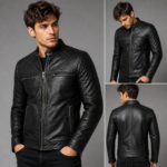 Male model wearing a genuine black leather biker jacket with quilted detailing, stand collar, front zipper closure, and zippered pockets, shown from front and back angles.