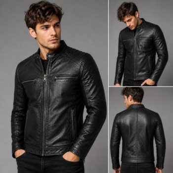 Male model wearing a genuine black leather biker jacket with quilted detailing, stand collar, front zipper closure, and zippered pockets, shown from front and back angles.