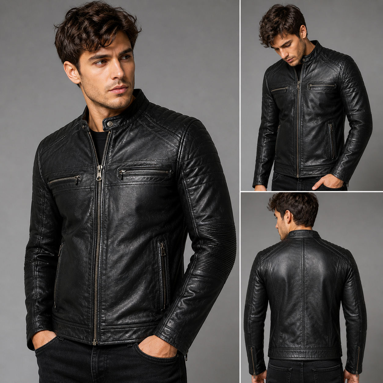 5c9a1290-fcd5-4fd2-94a5-0b81e56df7e6 Male model wearing a genuine black leather biker jacket with quilted detailing, stand collar, front zipper closure, and zippered pockets, shown from front and back angles.