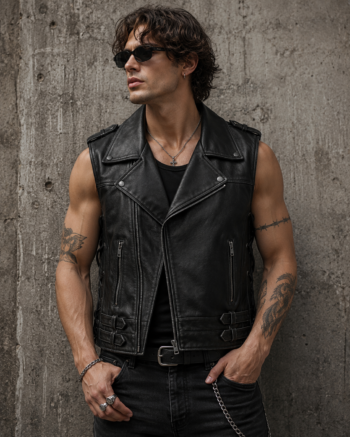 Men's black leather biker vest featuring an asymmetrical front zipper, wide lapel collar, adjustable side buckles, and classic motorcycle-inspired styling.