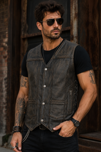Male model wearing a vintage brown leather biker vest featuring distressed leather, side lace panels, snap-button closure, and rugged motorcycle style.