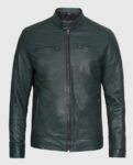 Men’s dark green leather cafe racer jacket with stand collar, front zipper closure, and zippered pockets on a clean background
