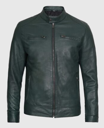 Men’s dark green leather cafe racer jacket with stand collar, front zipper closure, and zippered pockets on a clean background