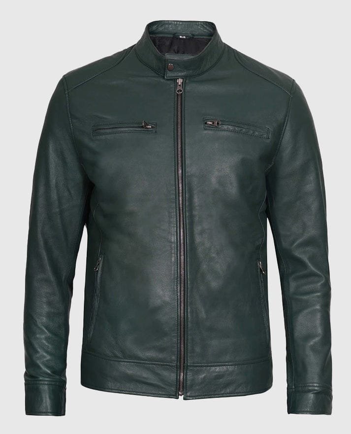 76c34086-b040-439f-a88a-b2747a484d38 Men’s dark green leather cafe racer jacket with stand collar, front zipper closure, and zippered pockets on a clean background