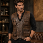 Front view of a men's vintage brown leather hunting vest featuring multiple utility pockets, zippered compartments, adjustable back strap, and rugged distressed leather finish.