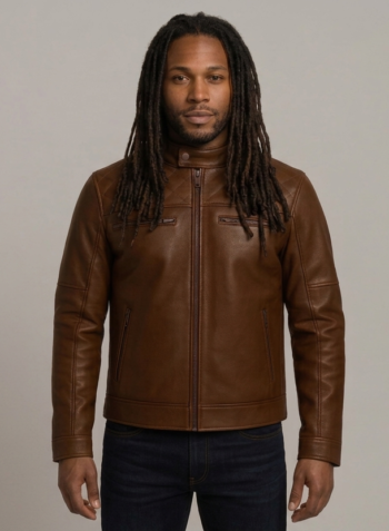 For the Front View: Front view of a man with long hair wearing a cognac brown diamond-stitched cafe racer leather jacket.