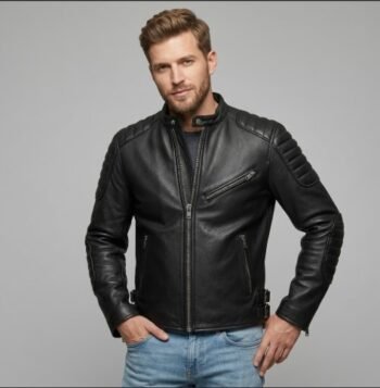 Man wearing a black leather biker jacket with ribbed shoulder padding