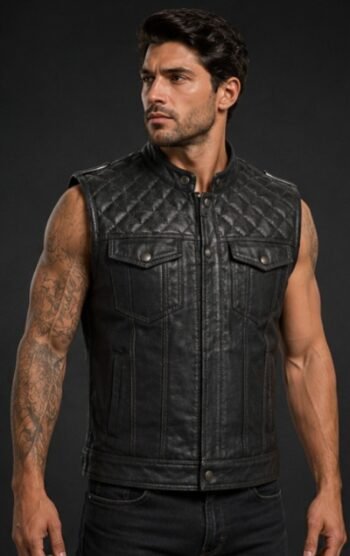 Men wearing a black quilted leather motorcycle vest with snap collar, chest flap pockets, and premium biker-style design