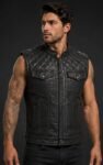 Men wearing a black quilted leather motorcycle vest with snap collar, chest flap pockets, and premium biker-style design