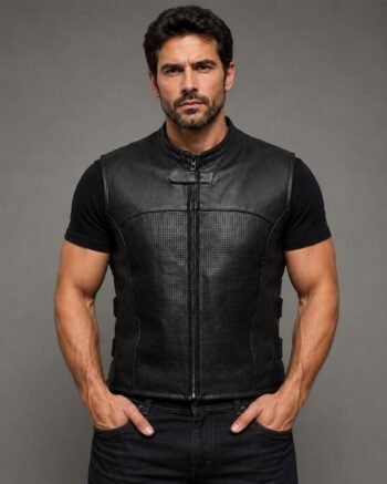 Front view of men's black genuine leather motorcycle riding vest featuring perforated ventilation panels, stand collar, zip-front closure, and athletic biker styling.