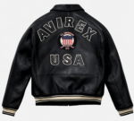 Back view of a black leather Avirex USA bomber jacket with varsity patches