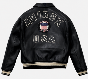Back view of a black leather Avirex USA bomber jacket with varsity patches