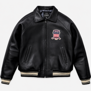 Front view of a black leather Avirex USA bomber jacket with varsity patches Image Caption