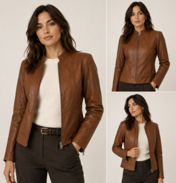 Women's cognac brown genuine leather jacket featuring a slim fit design, round neckline, front zipper closure, and premium leather construction.