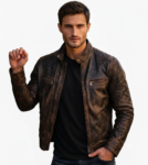 Front view of men distressed vintage brown leather biker jacket on model
