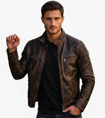 Front view of men distressed vintage brown leather biker jacket on model