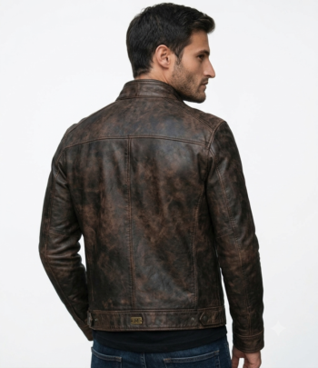 Back view of men distressed brown leather biker jacket showing seam details