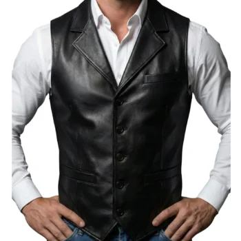 Front view of men's black genuine leather vest featuring a button-front closure, notch lapel collar, tailored fit, and classic waistcoat styling worn over a white dress shirt.