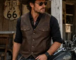 Men's vintage brown genuine leather biker vest with snap-button closure and chest flap pockets, styled with a black shirt in a western motorcycle setting.