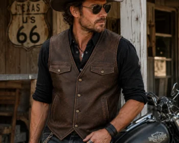 Men's vintage brown genuine leather biker vest with snap-button closure and chest flap pockets, styled with a black shirt in a western motorcycle setting.