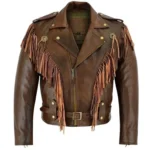 Men's Brown Fringe Leather Jacket with Western Cowboy Tassel Design