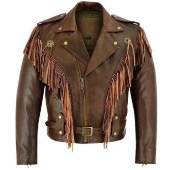 Men's Brown Fringe Leather Jacket with Western Cowboy Tassel Design