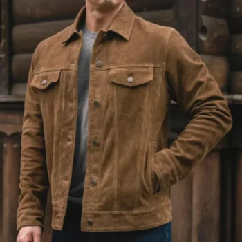Men's brown suede leather trucker jacket featuring a button-front closure, flap chest pockets, classic shirt collar, and vintage Western-inspired design with a soft suede finish.