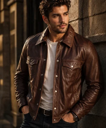 Handsome male model wearing a men's brown leather trucker jacket with snap-button closure, flap chest pockets, and classic vintage styling against an urban stone wall background.