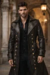 Front view of a men's black leather trench coat featuring a military-inspired double-breasted design, brass buttons, wide lapel collar, and long tailored silhouette