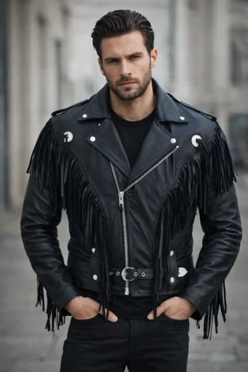 Man wearing a black fringe leather motorcycle jacket with tassel detailing, asymmetrical zipper, lapel collar, and adjustable waist belt