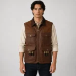 Front view of men's vintage brown genuine leather hunting vest with multiple utility pockets, zipper closure, and cartridge holder loops on a model.
