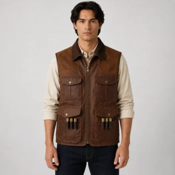 Front view of men's vintage brown genuine leather hunting vest with multiple utility pockets, zipper closure, and cartridge holder loops on a model.