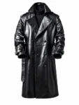 Men's black genuine leather trench coat with double-breasted button closure, wide lapel collar, adjustable buckle cuffs, and long luxury overcoat design displayed on a white background.