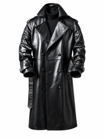 Men's black genuine leather trench coat with double-breasted button closure, wide lapel collar, adjustable buckle cuffs, and long luxury overcoat design displayed on a white background.