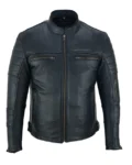 The front view showcases a timeless men's black leather biker jacket crafted with a sleek café racer silhouette. Featuring a durable front zipper, stand-up snap-tab collar, quilted shoulder detailing, and multiple zippered pockets, this jacket combines modern style with everyday functionality. Its clean lines and tailored fit make it an excellent choice for motorcycle riding, casual wear, and smart everyday fashion.