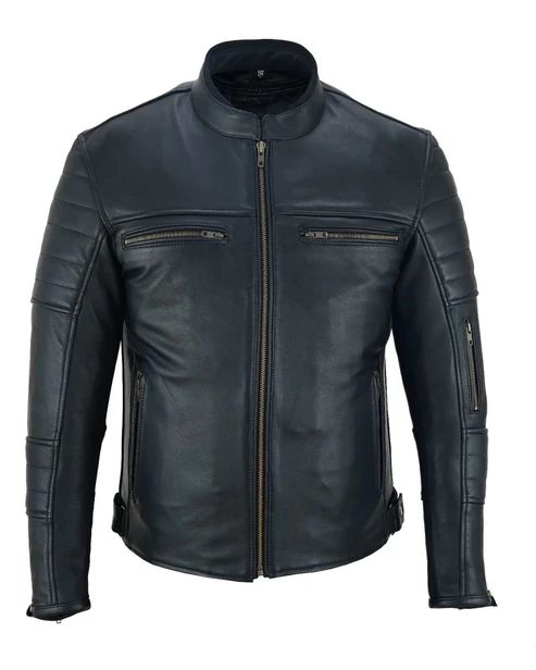 Men's Black Leather Biker Jacket Side View – Quilted Sleeve Design The front view showcases a timeless men's black leather biker jacket crafted with a sleek café racer silhouette. Featuring a durable front zipper, stand-up snap-tab collar, quilted shoulder detailing, and multiple zippered pockets, this jacket combines modern style with everyday functionality. Its clean lines and tailored fit make it an excellent choice for motorcycle riding, casual wear, and smart everyday fashion.