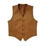 Back view of a men's camel brown formal waistcoat vest with an adjustable back buckle strap and tailored fit.
