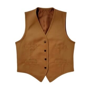 Back view of a men's camel brown formal waistcoat vest with an adjustable back buckle strap and tailored fit.