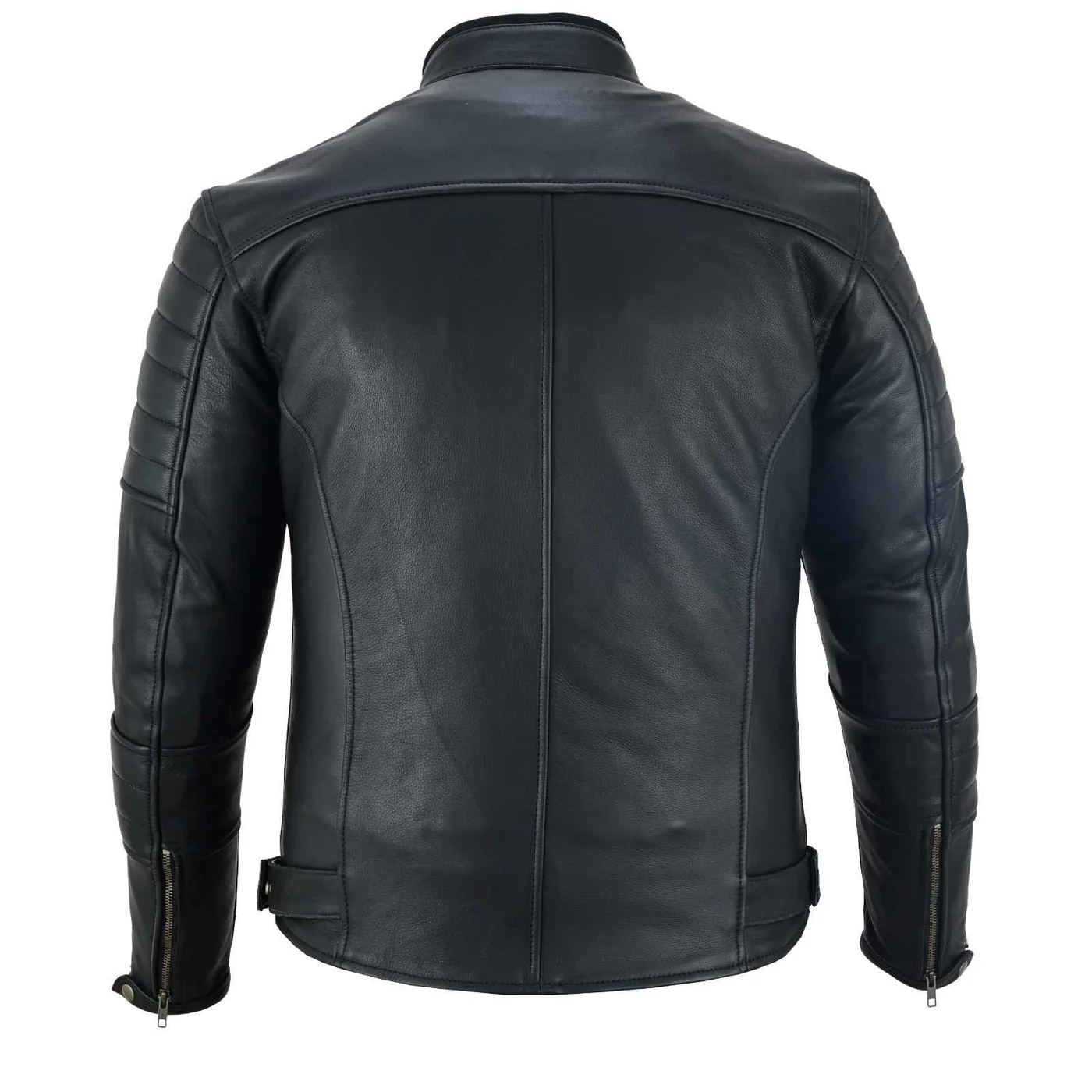 Men's Black Leather Biker Jacket Back View – Classic Motorcycle Style Back view of men's black genuine leather biker jacket with quilted sleeves and adjustable waist tabs